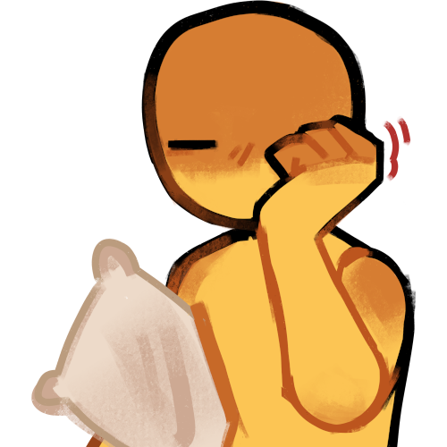 a yellow figure with closed eyes rubbing their face and holding a pillow